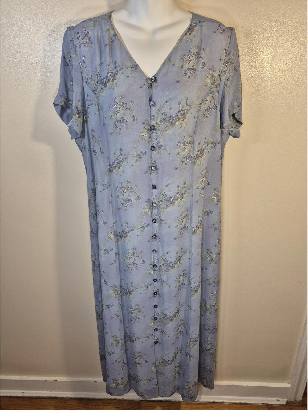 Vintage 90s Mom Button Down Floral Blue Maxi Dress Freeport Studio Rayon size LP
